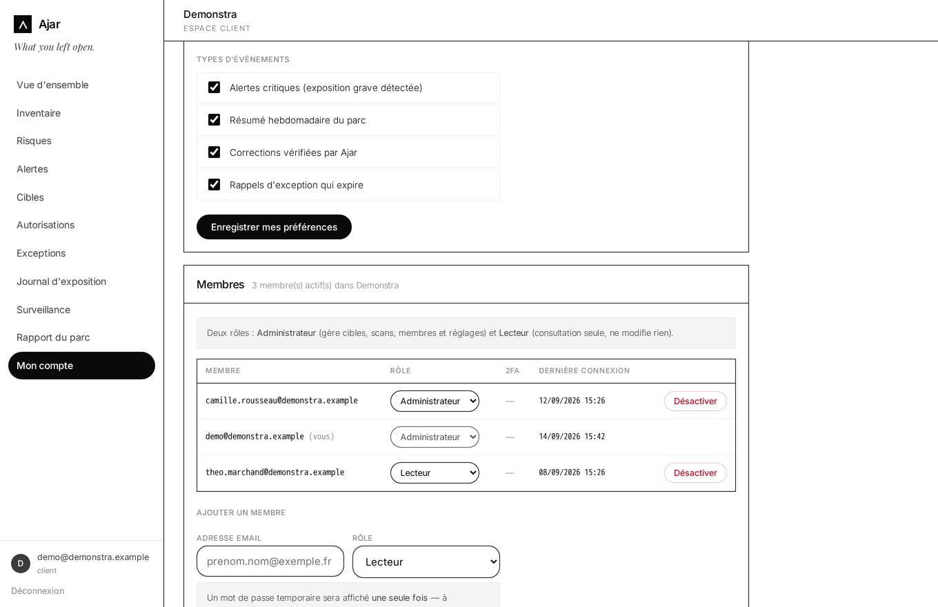 Gestion des membres avec rôles Administrateur / Lecteur